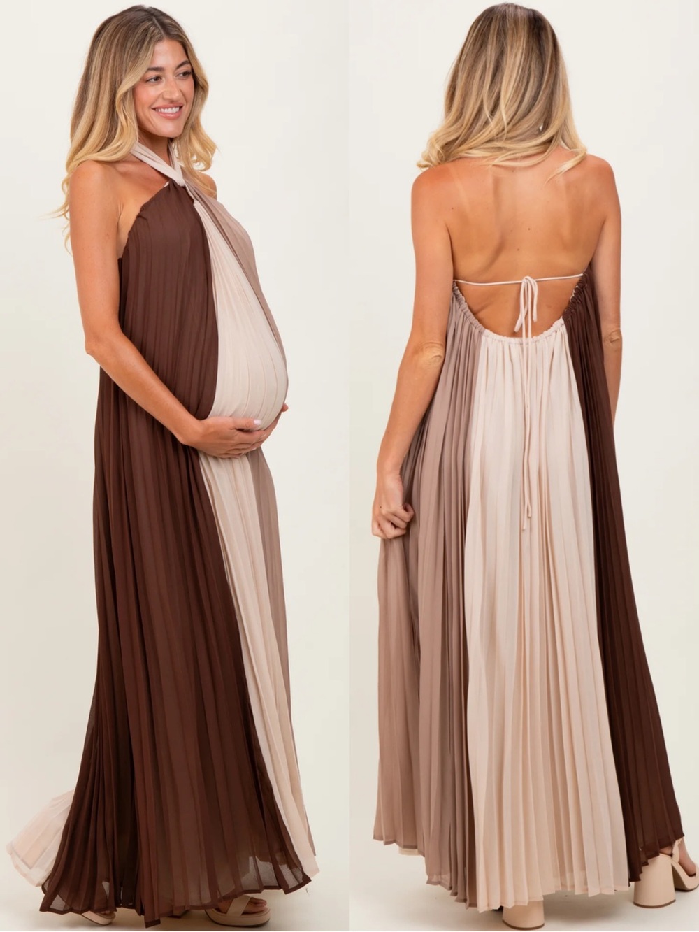 NWT EB Luxe Brown Colorblock Pleated Halter Neck Maternity Maxi Dress $93 Size L